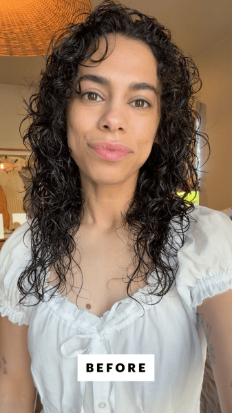 A selfie of Allure senior commerce director Shanna Shipin before using the Virtue Correct Strength  Shield LeaveIn...