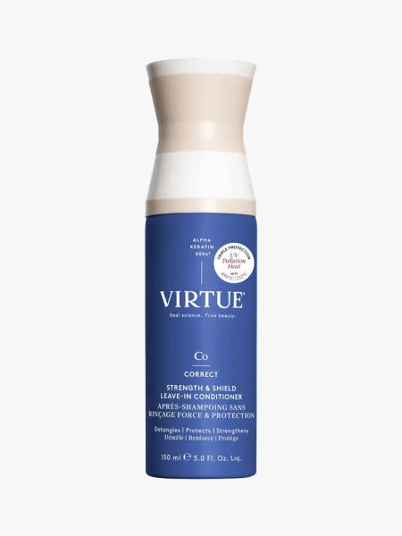 Virtue Correct Strength & Shield Leave-In Conditioner in branded component on a light gray background