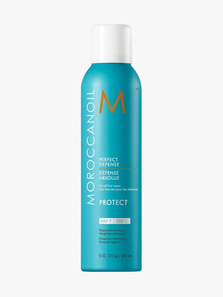 Moroccanoil Perfect Defense Heat Protectant in branded component on a light gray background